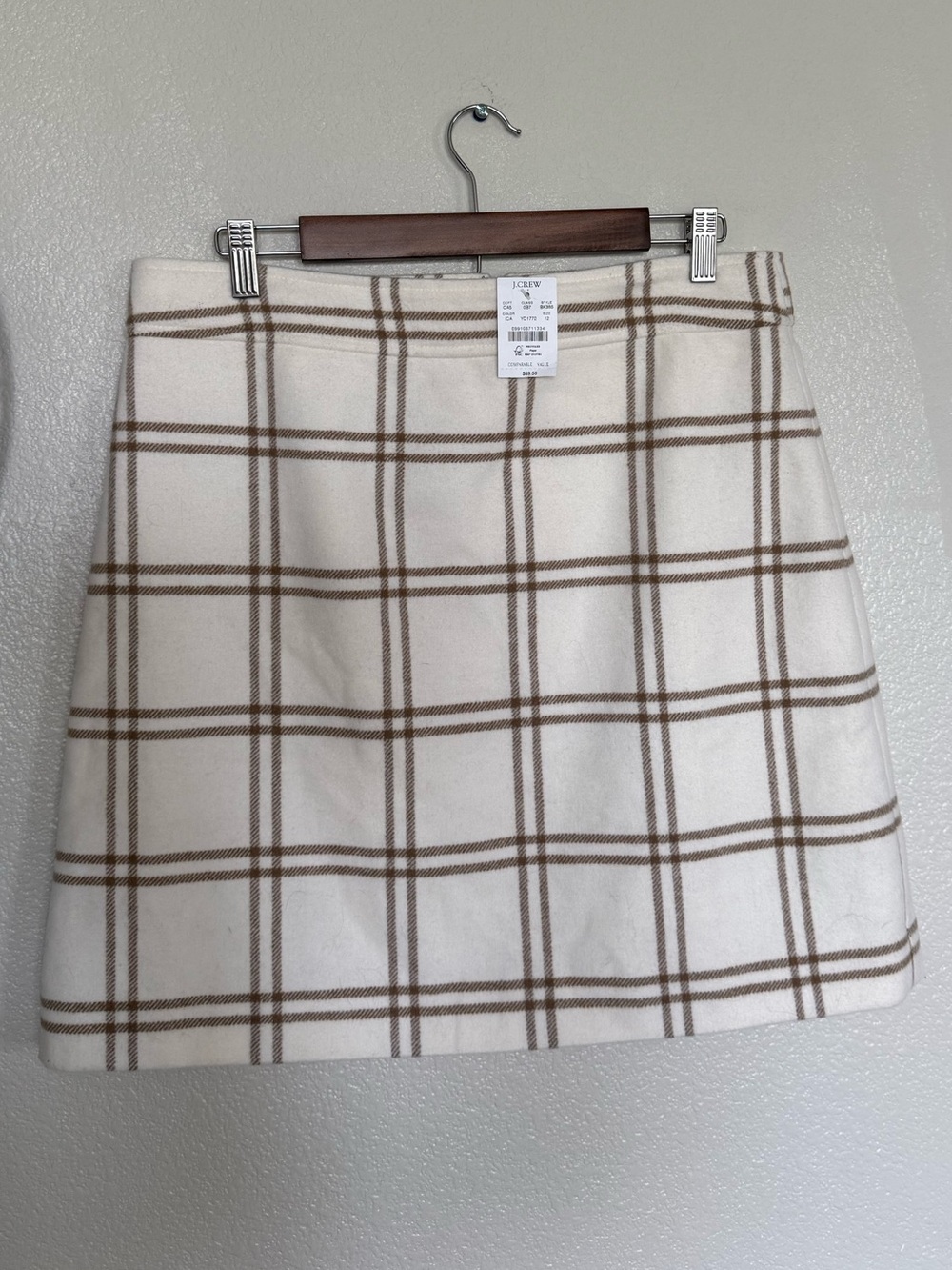 🍂 NWT 50% WOOL J CREW Cream Mini Skirt with Brown Plaid